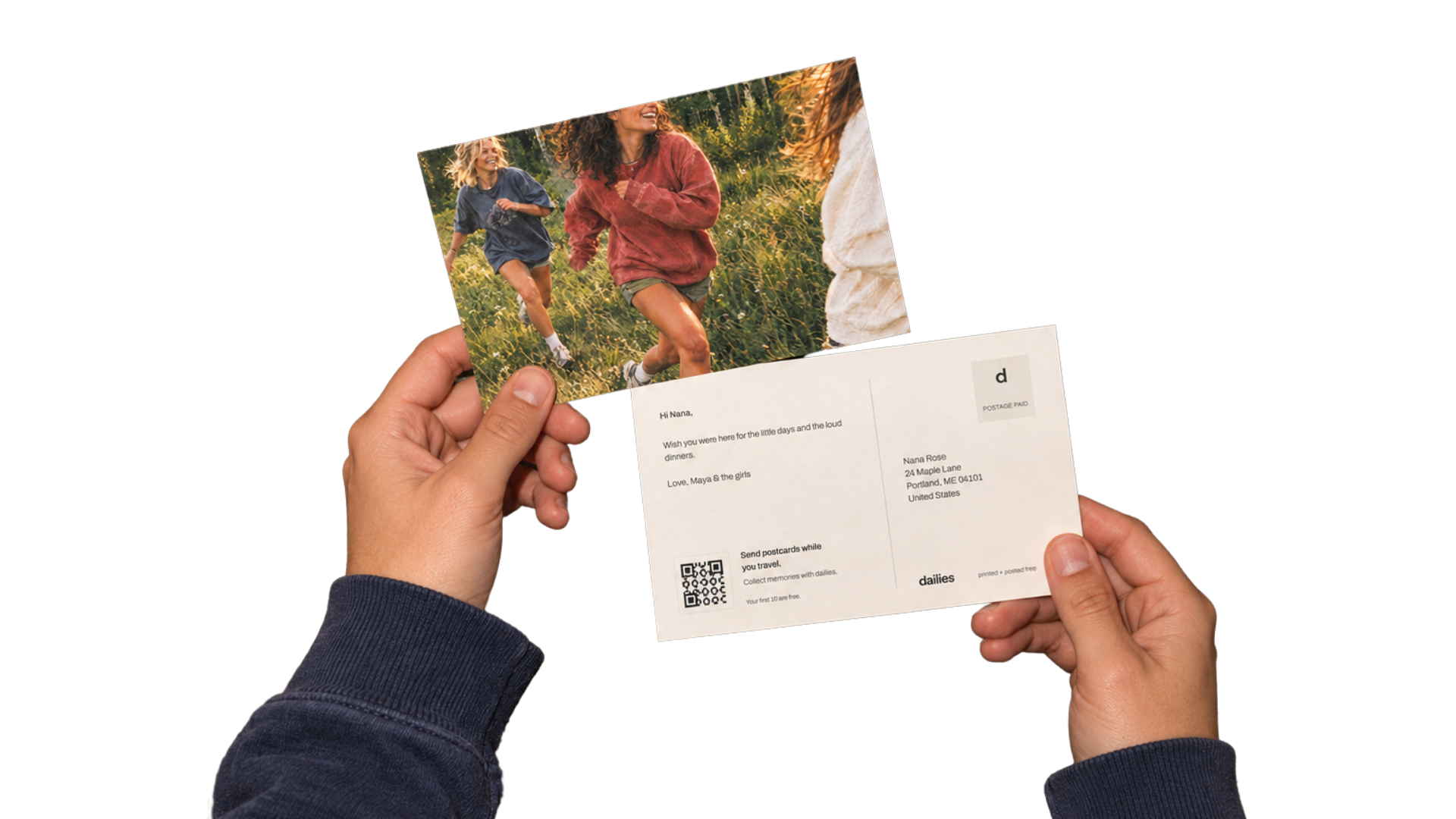 A dailies postcard, photo front and note with QR code on the back