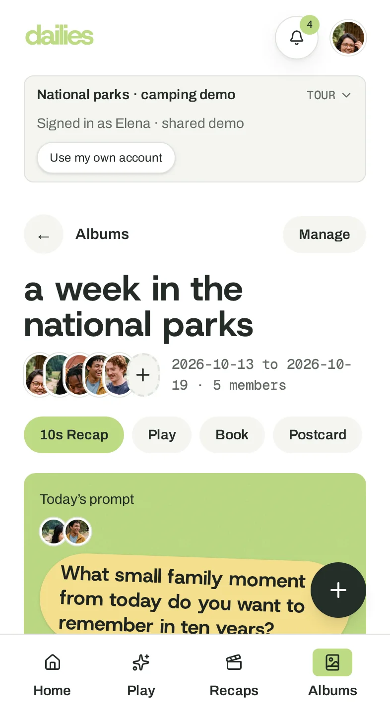 A shared family album with members and today's prompt